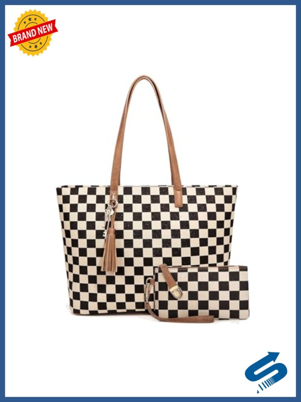 Checkered Canvas Tote Bag with Wristlet Large Capacity Shoulder Handbag